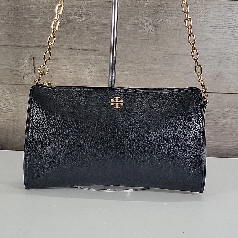 Tory Burch Black Leather Crossbody with Gold Chain Accents
